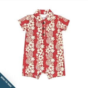 Cocomoon Hawai'i Vintage Aloha Polo Bamboo Romper in Red and Cream Hawaiian